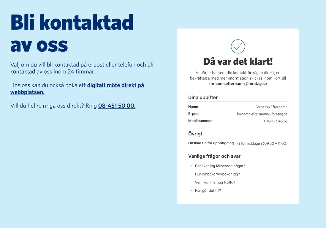 Confirmation screen reading “Då var det klart!” with a summary of the submitted details and common questions.