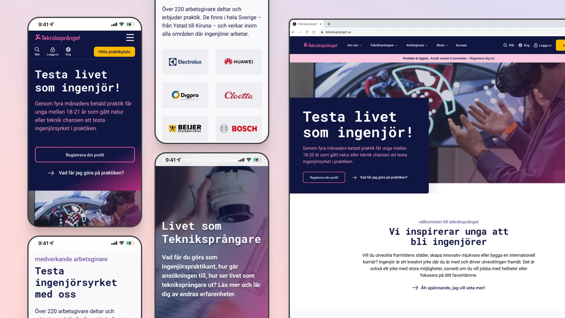 Designed screens of Tekniksprånget on mobile and desktop, with the headline “Testa livet som ingenjör!”.