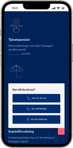 A phone showing an open contact flyout titled “Hur vill du nå oss?” with buttons to call, get a call back or find an office.