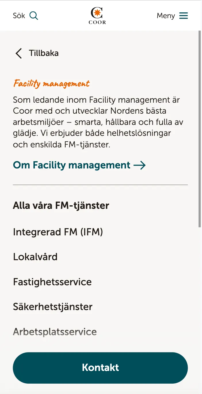 The new Facility management submenu, with a back link, a short introduction and the services listed below.