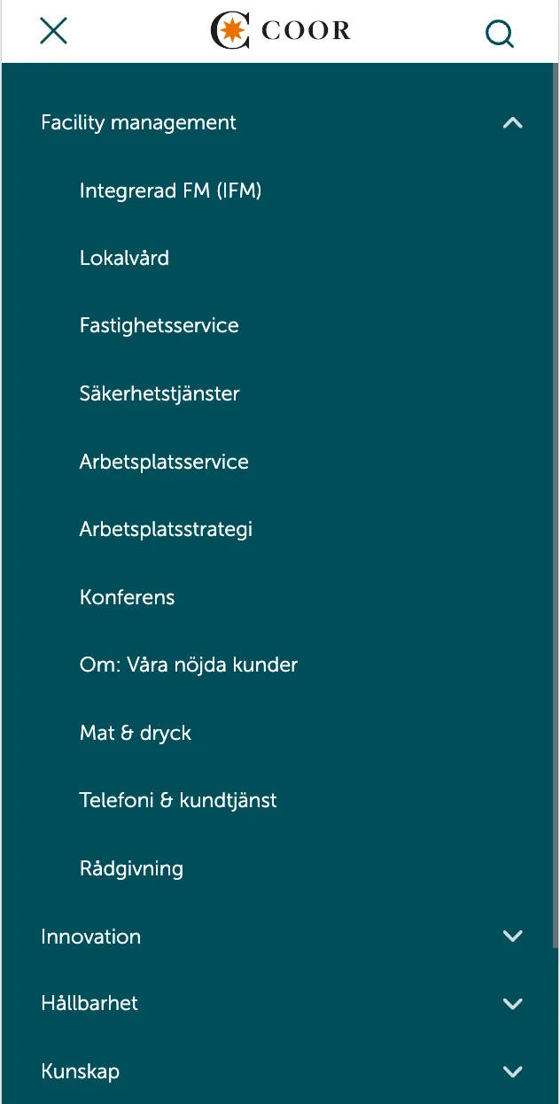 The old Facility management menu, a long expanded list of services on dark green.