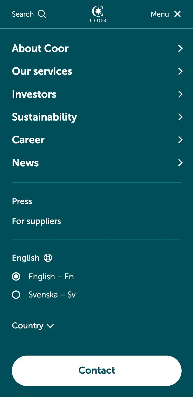 Investor site menu with About Coor, Our services, Investors, Sustainability, Career and News, plus language and country choices.