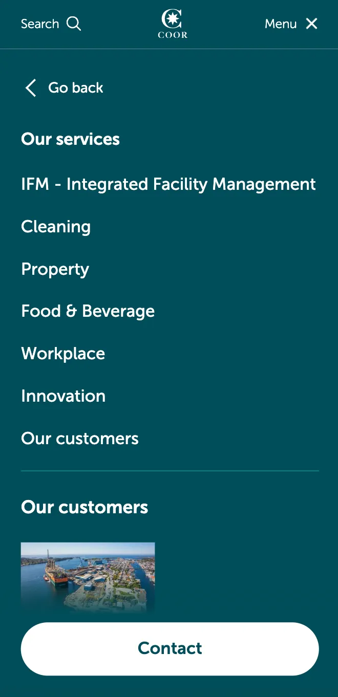Investor site submenu for Our services, listing Integrated Facility Management, Cleaning, Property, Food & Beverage, Workplace and Innovation.
