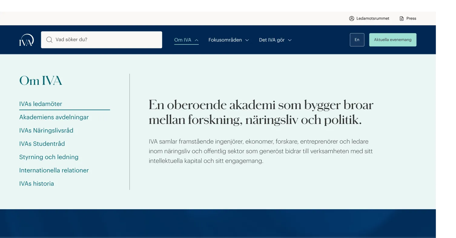 IVA's mega menu on desktop, with the About IVA links on the left and a short introduction on the right.