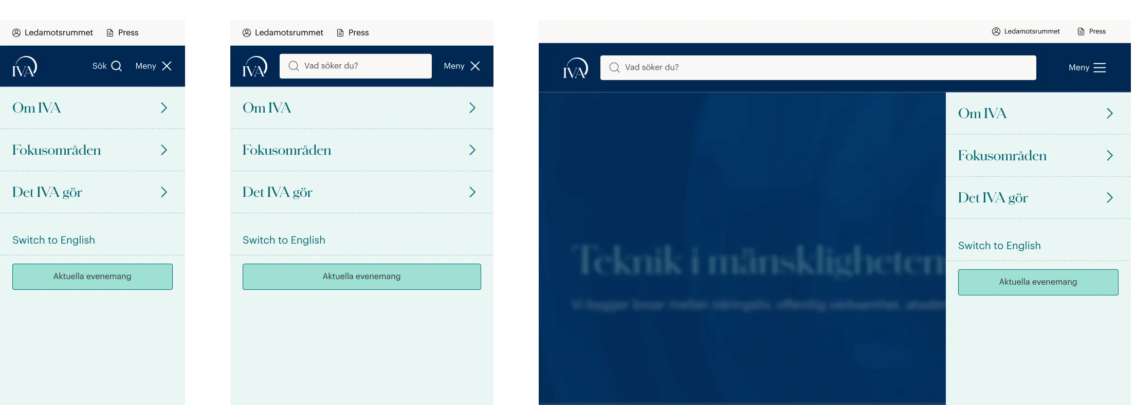 Three screens of IVA's mega menu on mobile and tablet, in dark blue and mint.
