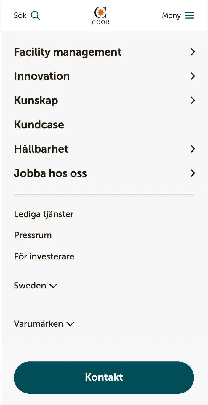 The new mobile menu on a light background, with the main sections first, secondary links below and a Contact button.