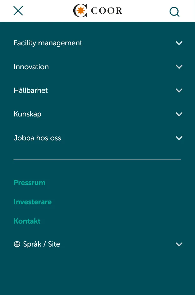 The old mobile menu, white text on dark green with every section expanded in a long list.
