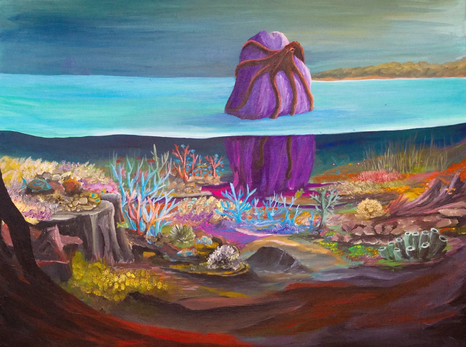 A purple, octopus-shaped rock rises from a turquoise sea, shown both above and below the surface, with a colourful reef of corals and fish in the foreground.