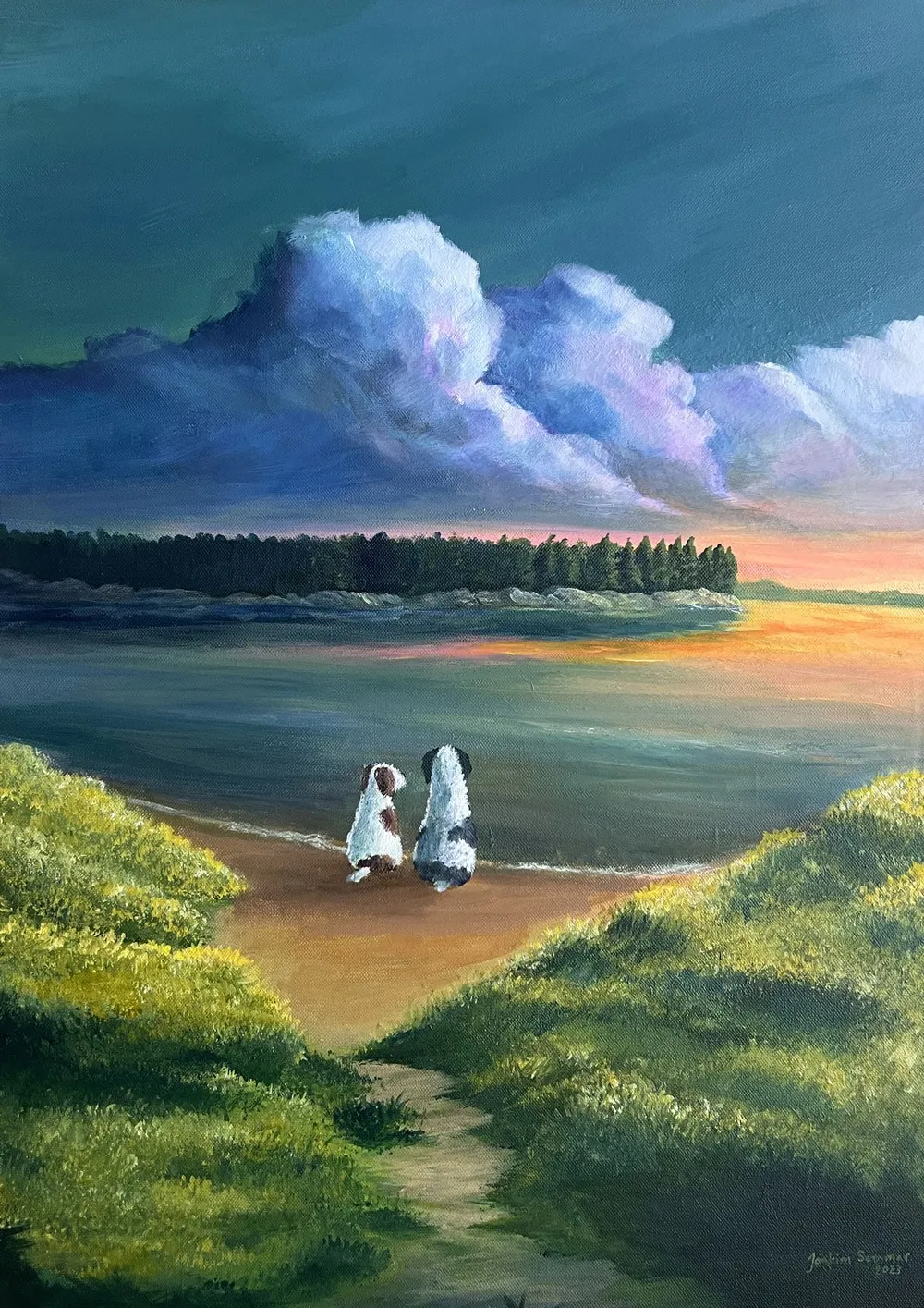 Two dogs sit side by side on a sandy shore, seen from behind, looking out over a calm lake at sunset. A grassy path leads down to them, a dark forest lines the far shore, and a large purple-tinged cloud fills the green sky.