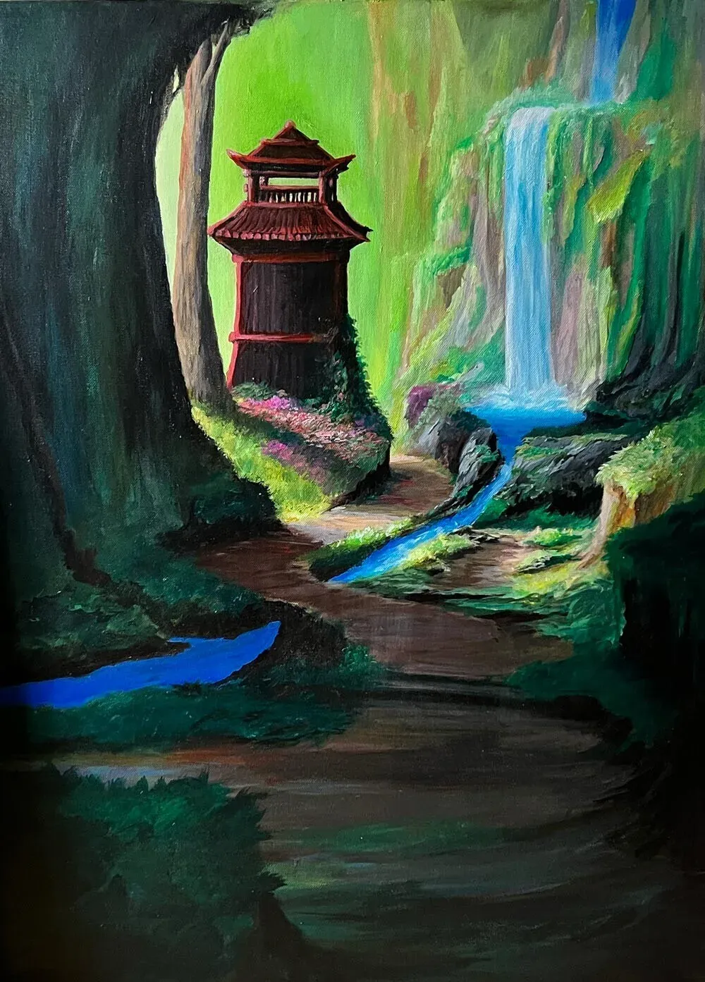 A red, pagoda-style watchtower stands in a lush green gorge, with a waterfall and a glowing blue stream running past.