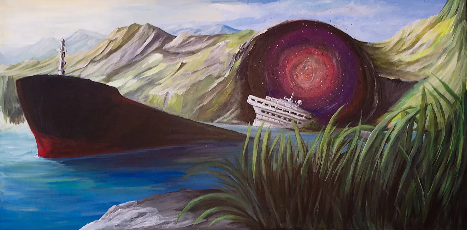 A cargo ship and a white cruise ship are drawn into a glowing purple vortex in a mountain bay, with tall grass in the foreground.