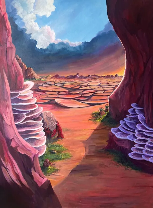 A canyon path in warm reds and oranges, framed by towering rock walls with violet shelf mushrooms. A small red crab sits by a stone, and the path leads out to a cracked desert plain under a stormy sky with bright clouds.