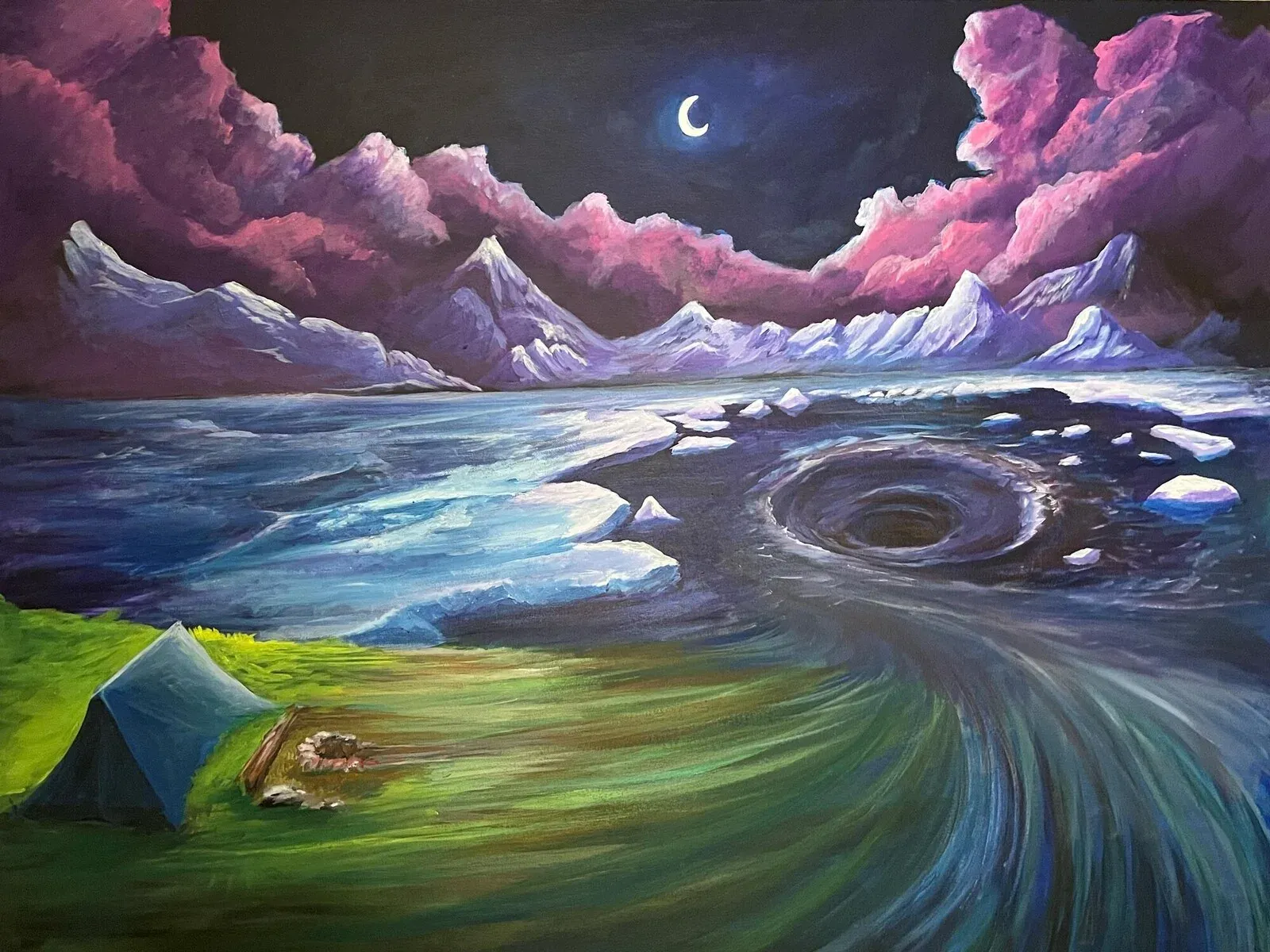 A moonlit night over snowy mountains and pink clouds. A huge whirlpool in the sea pulls the water away from a small tent on the green shore.