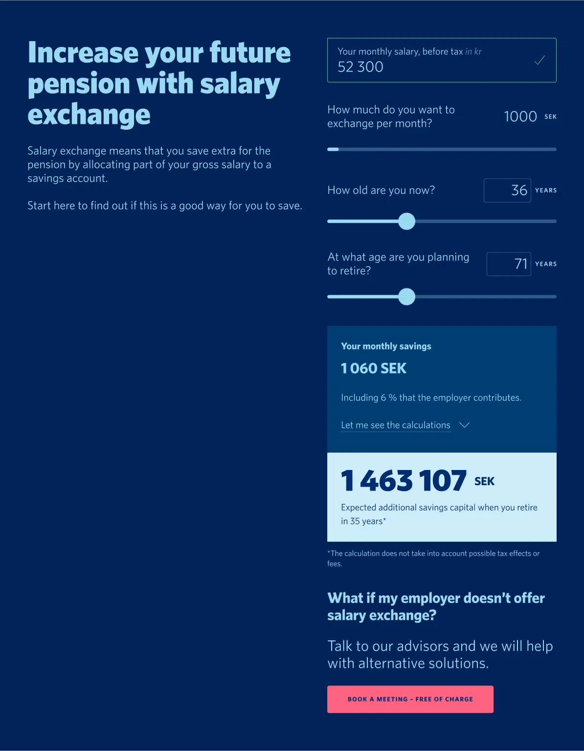 Salary exchange calculator on dark blue, with sliders for amount, age and retirement age, and the estimated pension result.
