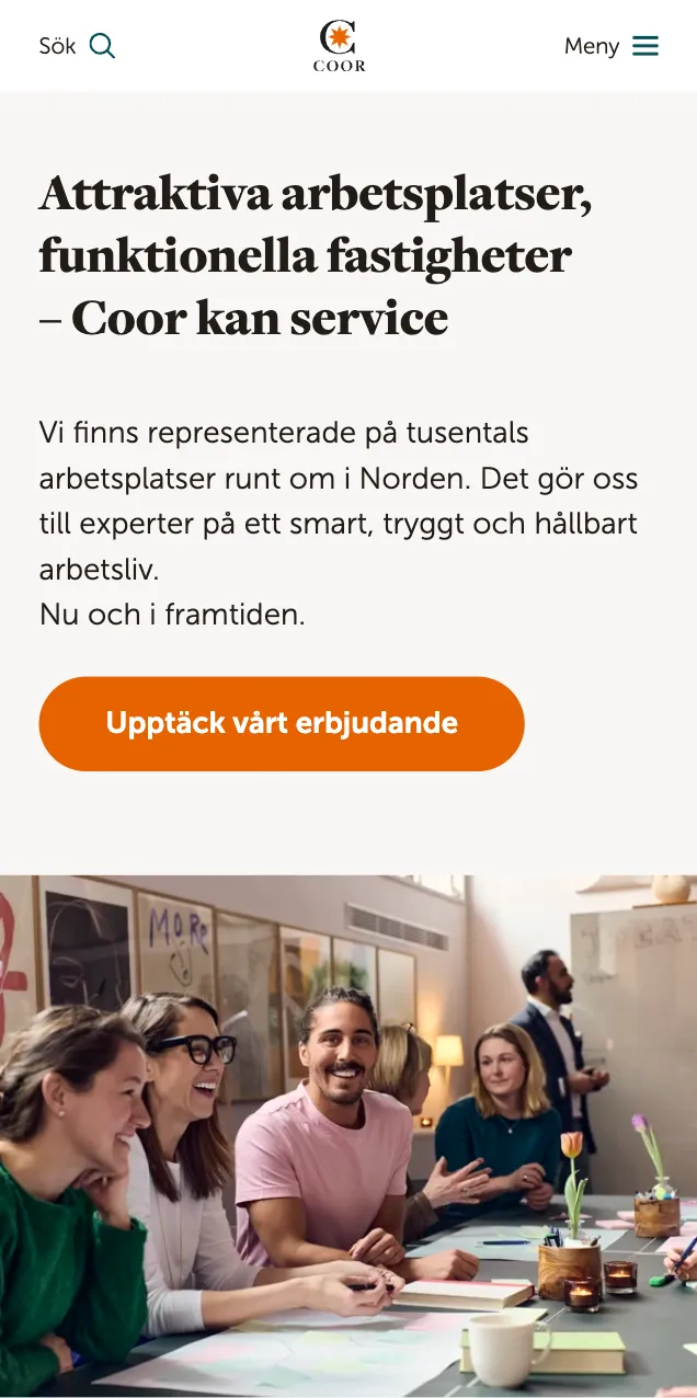 The new start page on mobile, with dark text on a light background, an orange button and the photo below.