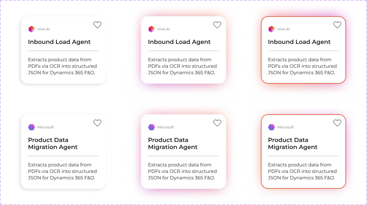 Agent cards for Inbound Load Agent and Product Data Migration Agent, in default, hover and focus states.
